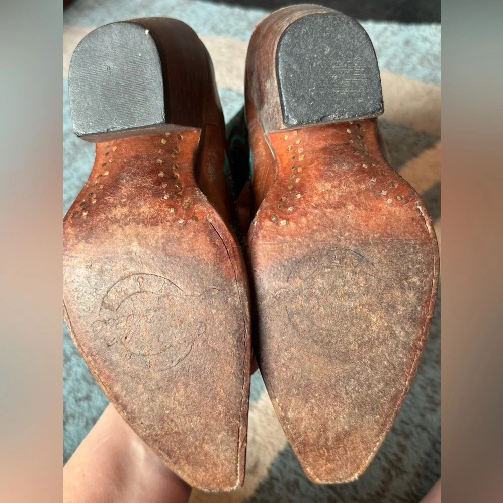 Lucchese Brown and Teal Heeled Western Boots - Picture 6 of 11